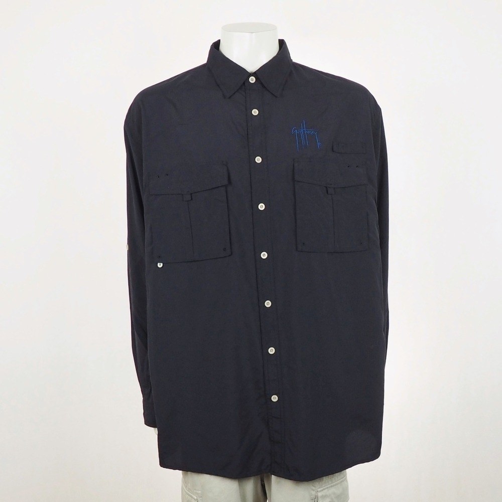 Guy Harvey Aftco Bluewater Fishing Button Down Shirt Mens 2XL XXL Black Vented